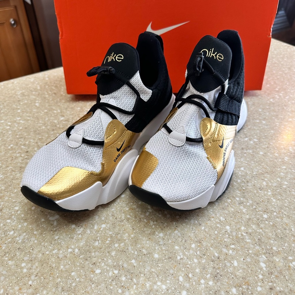 Nike Superrep Groove White, Gold and Black Athletic Shoes